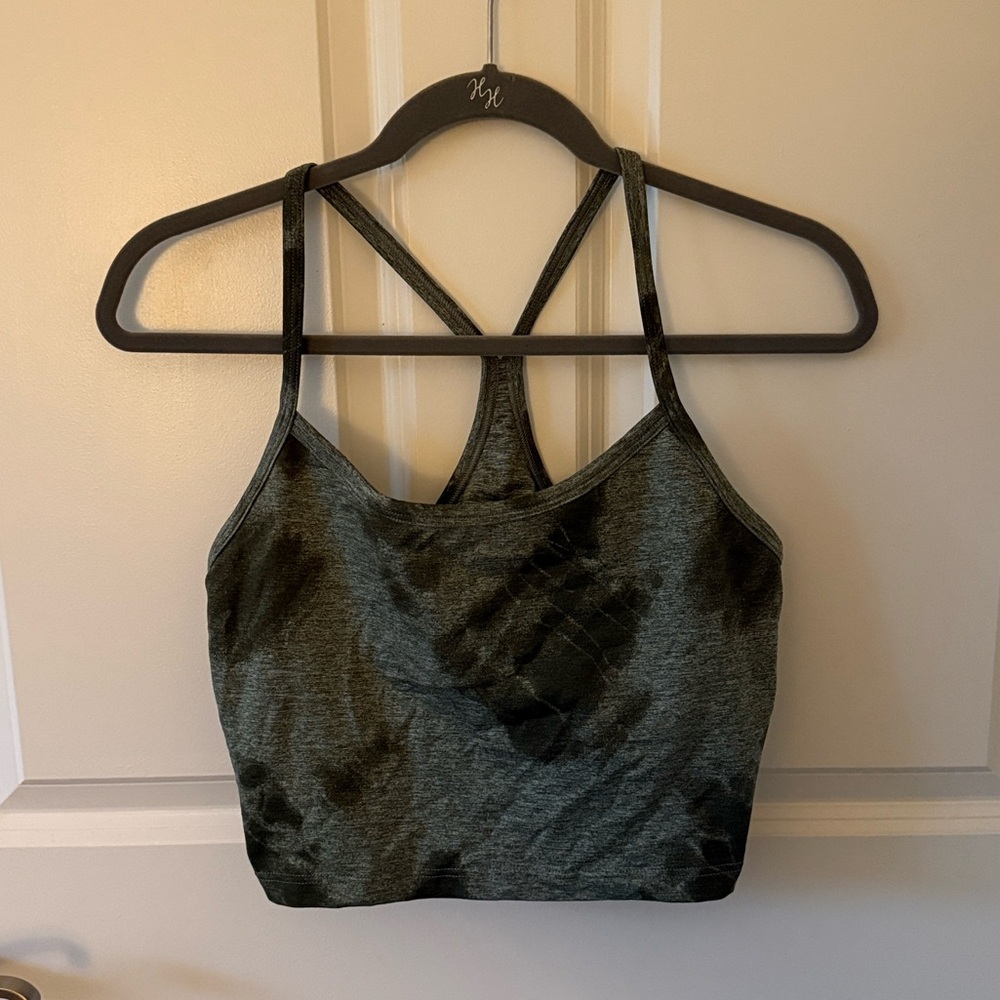 Aerie OFFLINE The Hugger Longline Racerback Sports Bra in Olive Green Print